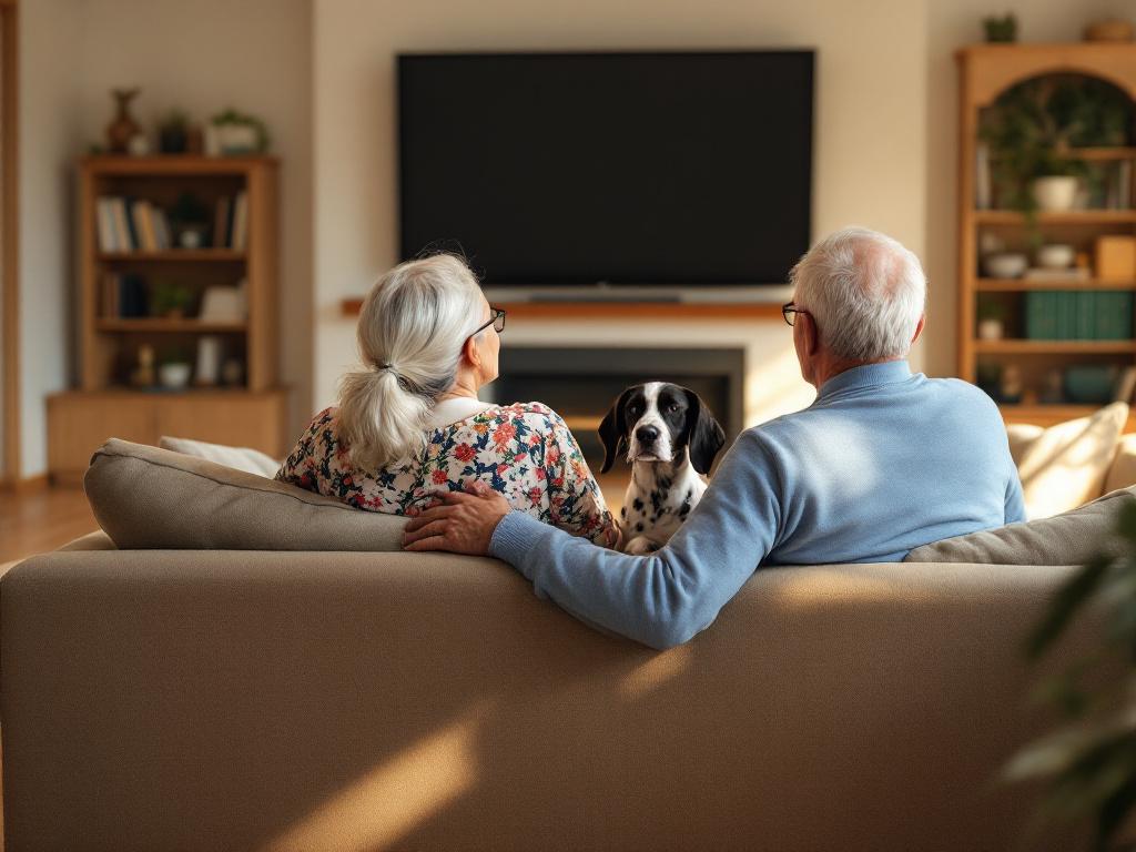 Seniorenpaar im Wohnzimmer vor Fernseher